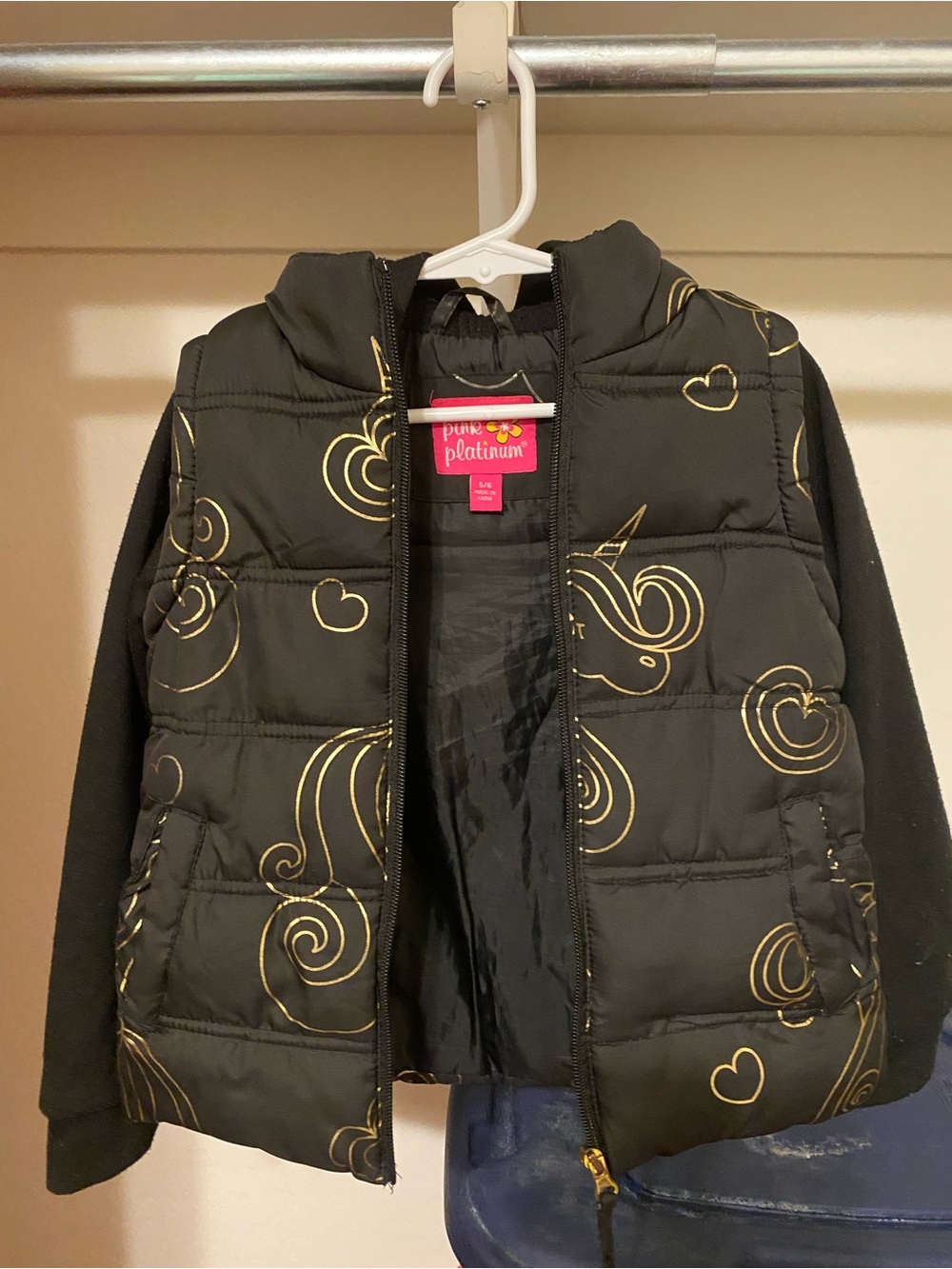 Gold and Black Unicorn Puffer Coat